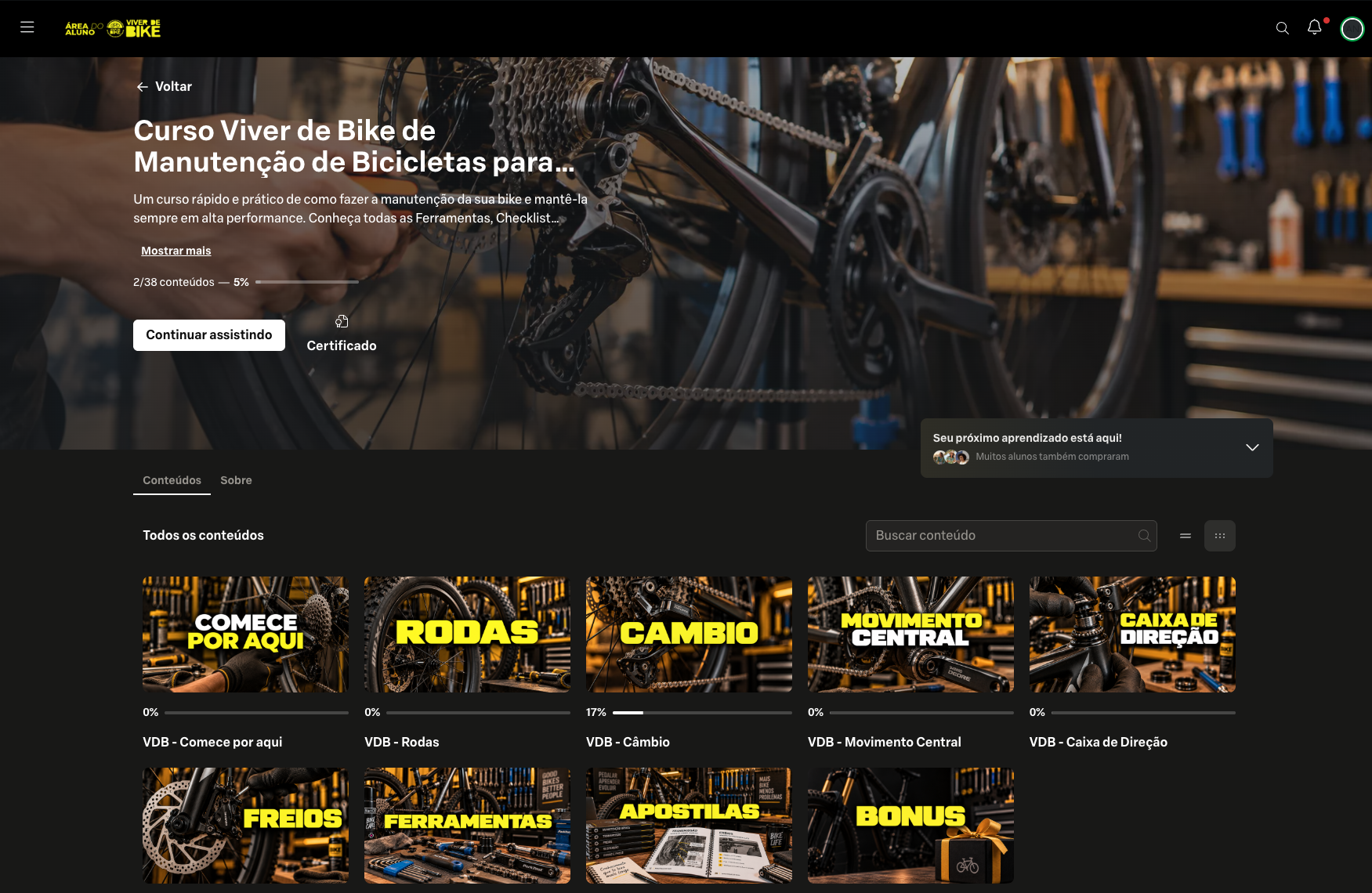 Área do aluno do Curso Viver de Bike com os módulos Rodas, Câmbio, Freios e Apostilas